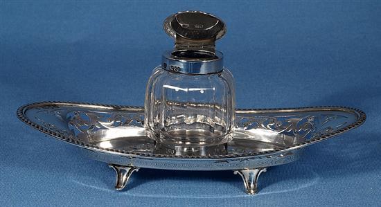 A Victorian silver and cut glass inkstand, by Haseler & Bill, length 211mm, weight tray only 5.4oz/170g